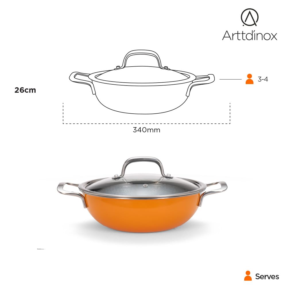 Vida Stainless Steel Triply Kadhai With Glass Lid - 24 Cm, 2.7 Liters | Etched Nonstick Kadai - Rivet Less Wired Double Handles | Induction & Gas Base, Volcanic Color