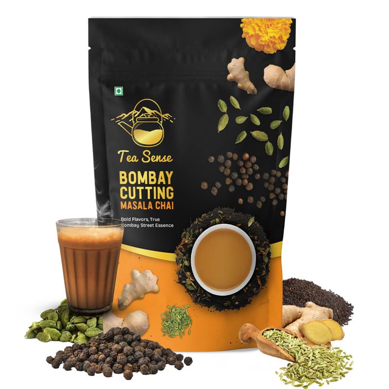 Tea Sense Bombay Cutting Masala Chai - 200gm, 7.05 Ounce | Assam CTC, Cardamom, Fennel, Dried Ginger, Black Pepper - Rich Flavor & Strong Chai Patti, High Caffeine | The Perfect Blend Loose Leaves