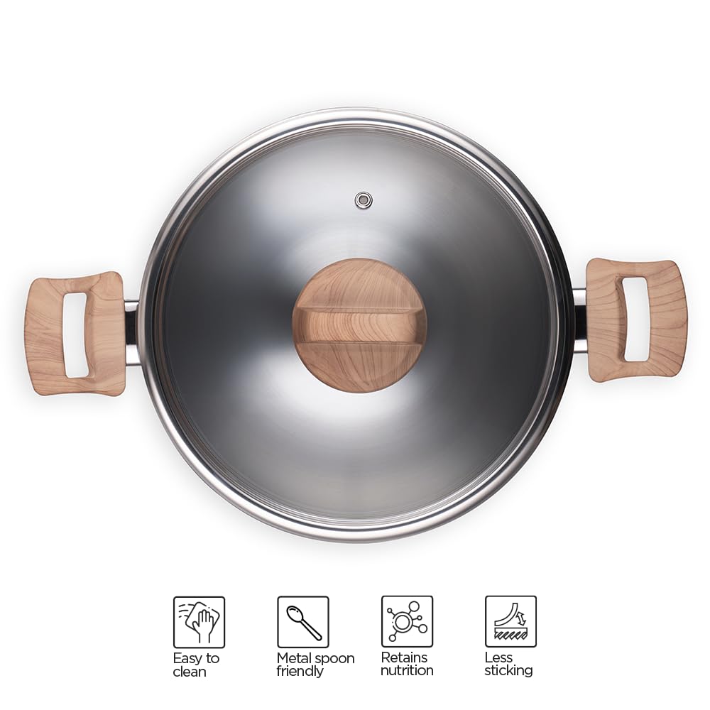 Timber Stainless Steel Triply Kadhai With Glass Lid - 24 Cm, 2.7 Liters | Wood Finished Handle - Gas & Induction Base