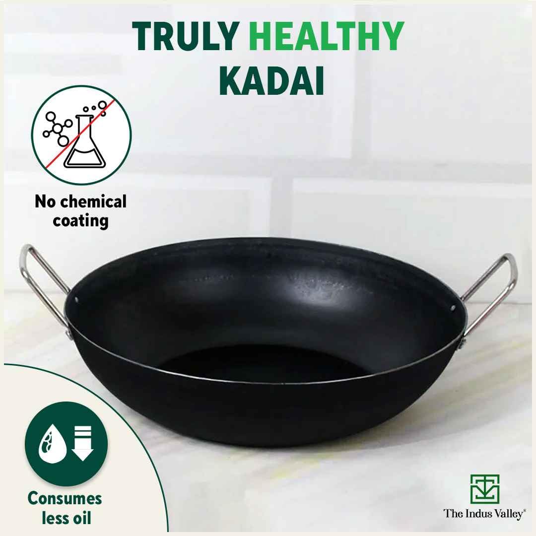 Pre-Seasoned Black Iron Kadai With Strong Handles - Small, 20.7 Cm, 8.1 Inch, 1.4 Liters, 0.64 Kg | Induction Friendly, Pre-Seasoned Iron Kadhai, 100% Pure & Toxin-Free, No Chemical Coating