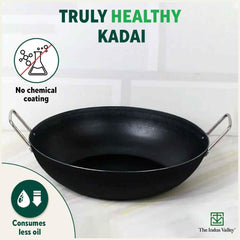 Pre-Seasoned Iron Cookware Set + Free Wok 25 Cm, 2.2 Liters | Kadai 24 Cm, 2 Liters + Fry Pan 24 Cm, 1.5 Liters + Tawa 26 Cm | Kitchen Cooking Combo Pots & Pans Set Of 4 Pcs - Naturally Nonstick