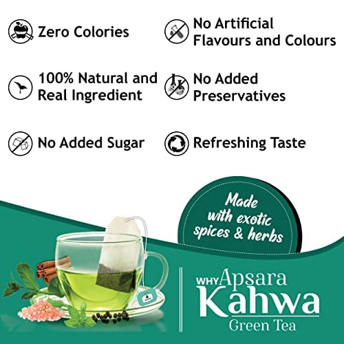 Apsara Detoxifying Kahwa Green Tea - 10 Tea Bags | Blended With Rock Salt, Tulsi, Cardamom, Cinnamon, Black Pepper, Ashwagandha Tea - Immunity Booster, Promotes Skin Glow