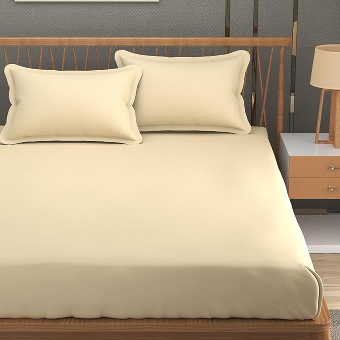 Plain Double Bedsheet For Queen Size With 2 Matching Pillow Covers For Home - 90 X 100 Inches, Beige | Smooth Finish, Soft Touch & Breathable Comfort For Everyday Use