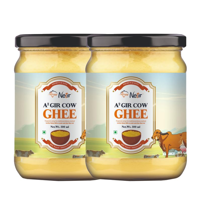 100% Natural A2 Gir Cow Ghee By Netar | Rich In Vitamins A & E Healthy Desi Ghee For Glowing Skin | 1 Litre (500ml * 2) 33.8 Ounce | Jar Pack