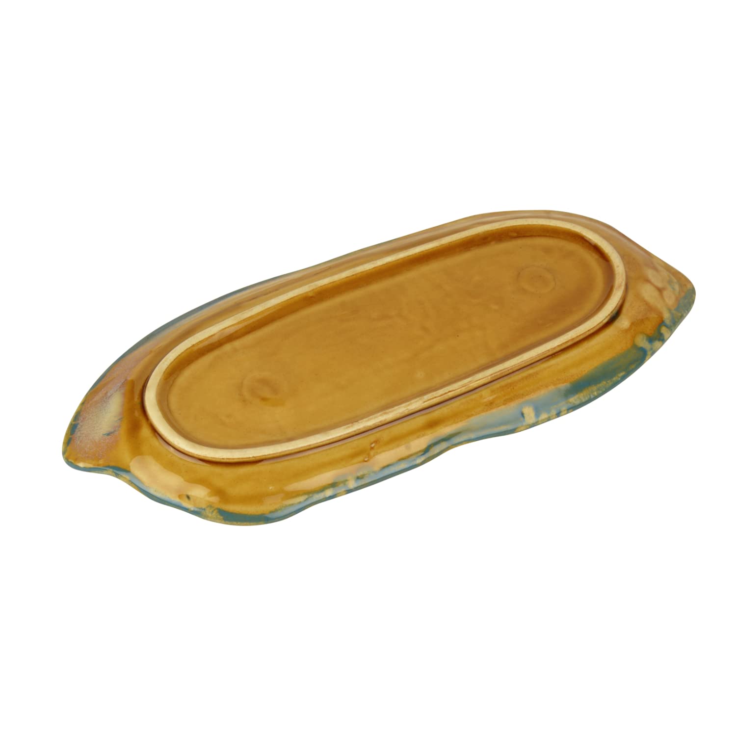 Studio Pottery Reactive Glaze Ceramic Platter - Sage Green & Blue, Length: 30 Cm, Width: 12 Cm | Starter Serving Tray