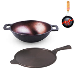 Super Smooth Cast Iron Cookware Set + Free Tadka Pan - Tawa 25.4cm + Kadai 25cm, 2.5 Liters | Kitchen Cooking Combo Pots & Pans Set Of 2 Pcs - Pre-Seasoned, Naturally Nonstick, Black