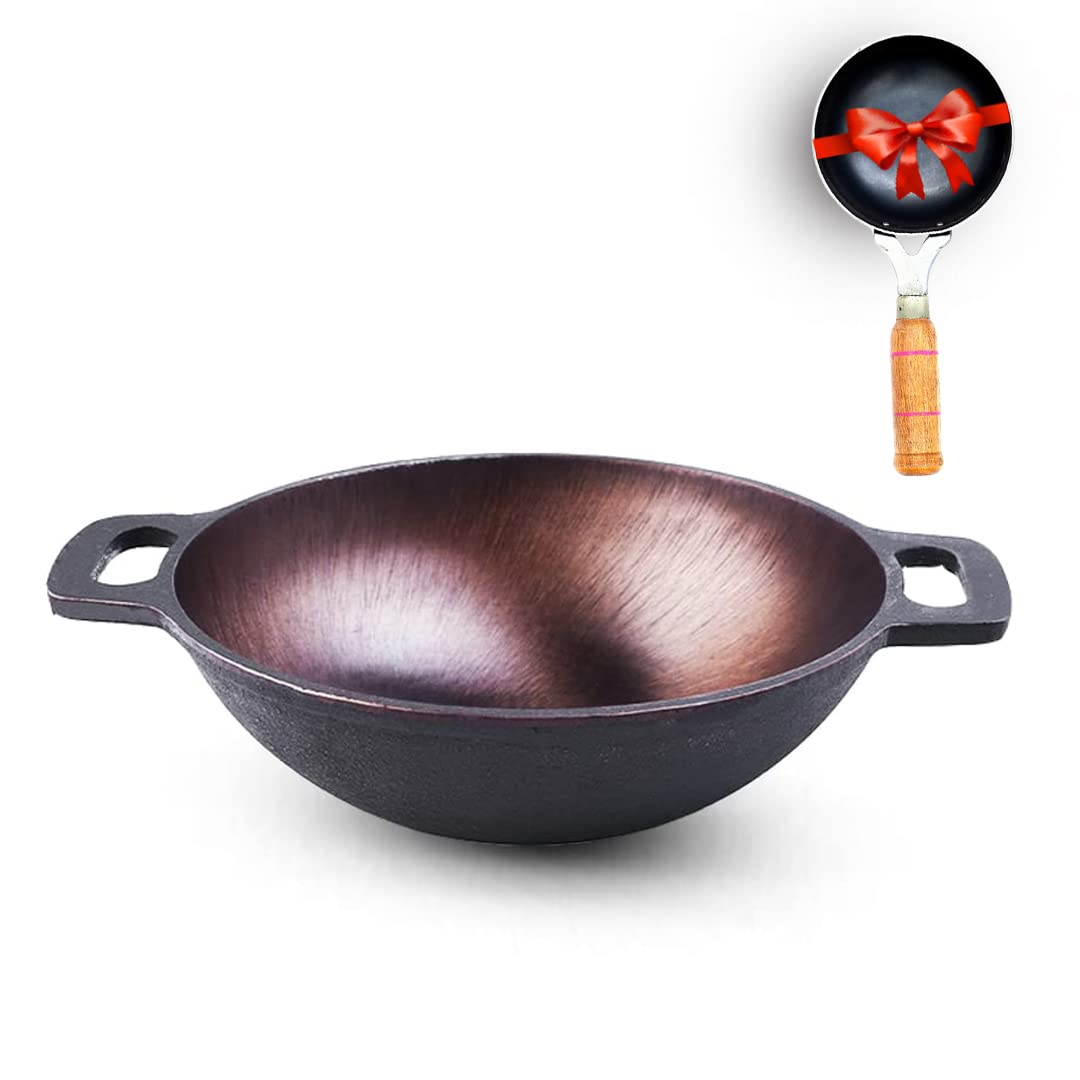 Super Smooth Black Cast Iron Kadai With Free Iron Tadka Pan - Medium, 25.4cm, 10 Inch, 2.5 Liters, 2.4 Kg | Naturally Nonstick, Pre-Seasoned Kadhai, 100% Pure & Toxin-Free, No Chemical Coating