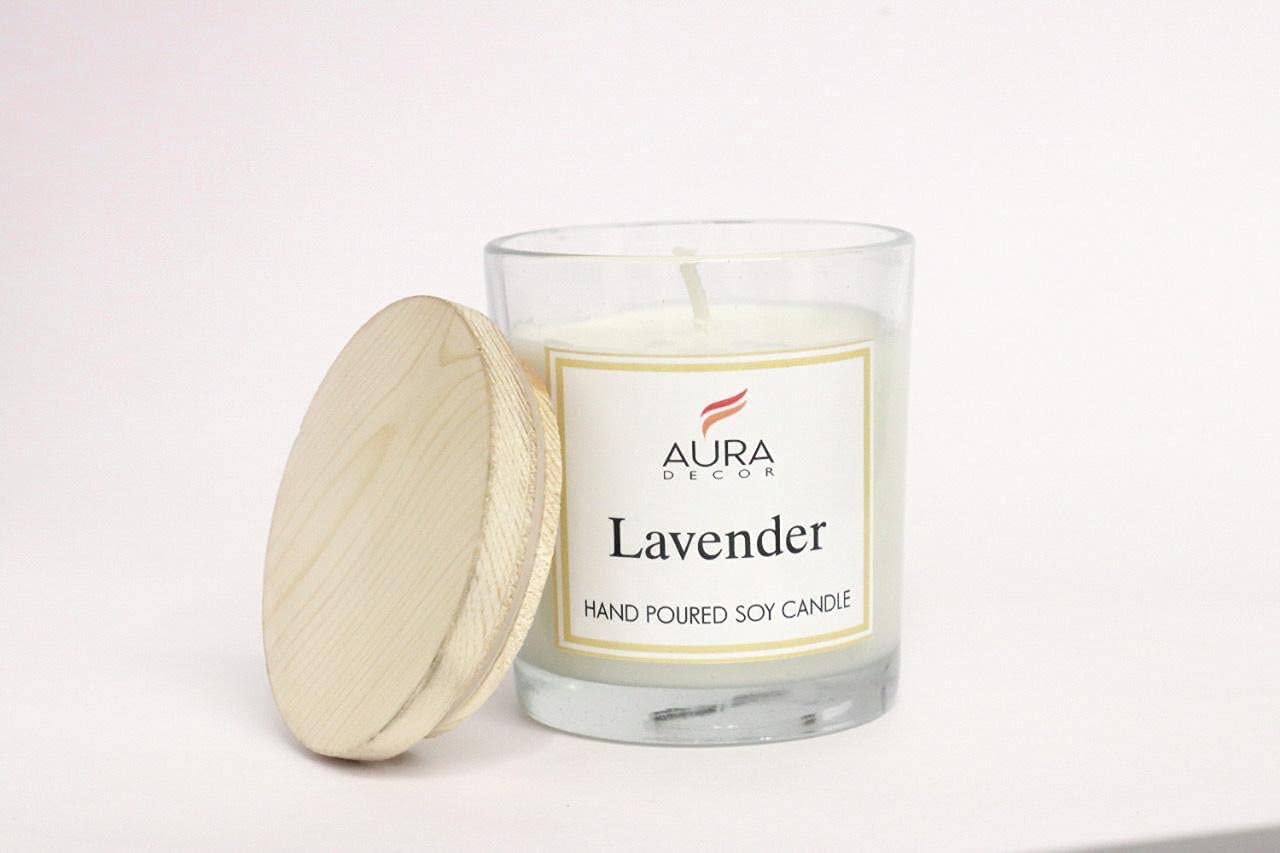 LAVENDER FRAGRANCE SOY WAX GLASS CANDLE WITH WOODEN LID & COMES PERFECT GIFT BOX