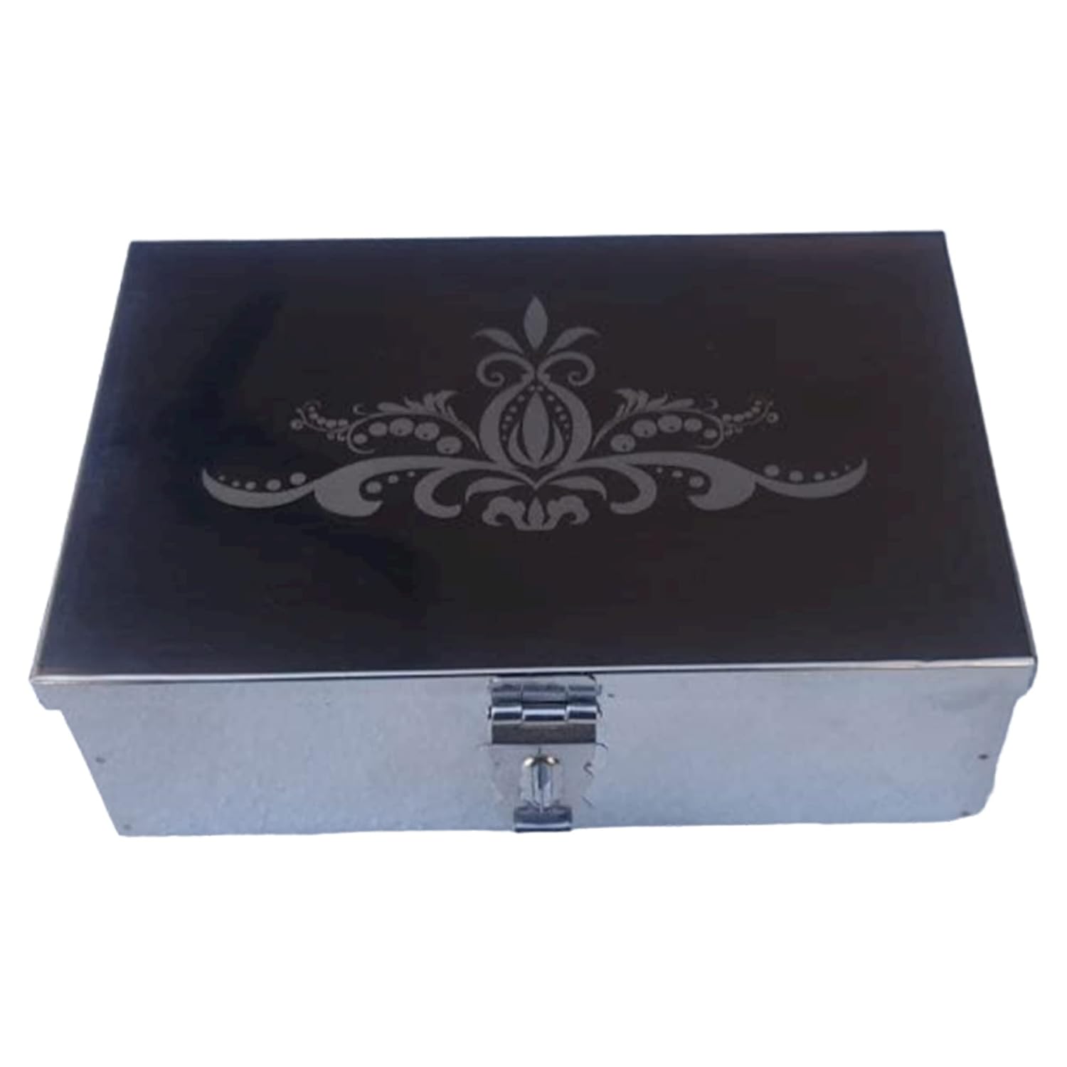 Stainless Steel Storage Boxes, Cash Peti, Pooja Peti, Organizer, Vanity Box, Safe Locker Box 8 Inch Storage Box W - 8", H - 2.50", L-5" Cash Box With Laser Print Design, Colour - Silver