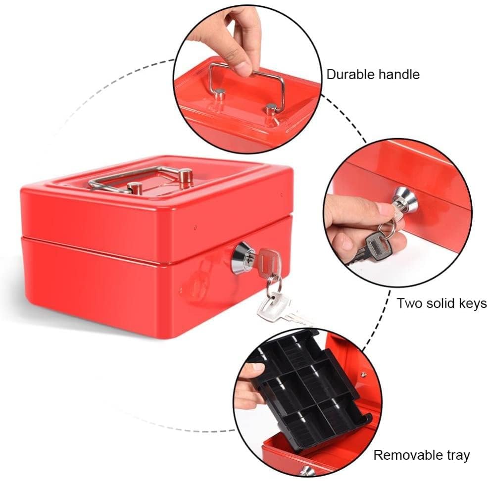 Metal Cash Box With Money Tray, Small Cash Box With Key Lock, Money Slot, Money Coin Safe Security Box Household For Home Office Hotel Business Use, Colour - Red