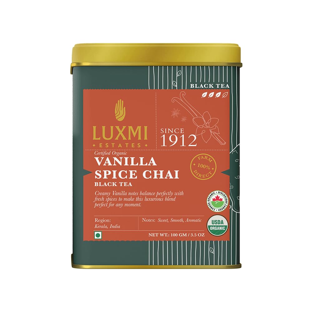Luxmi Estates Purely Peppermint Herbal Tea 25gm Tin, 0.8 Ounce + Vanilla Spice Chai Black Tea 100gm Tin, 3.5 Ounce | USDA Certified Organic Tea - Caffeine Free Tea For Energy