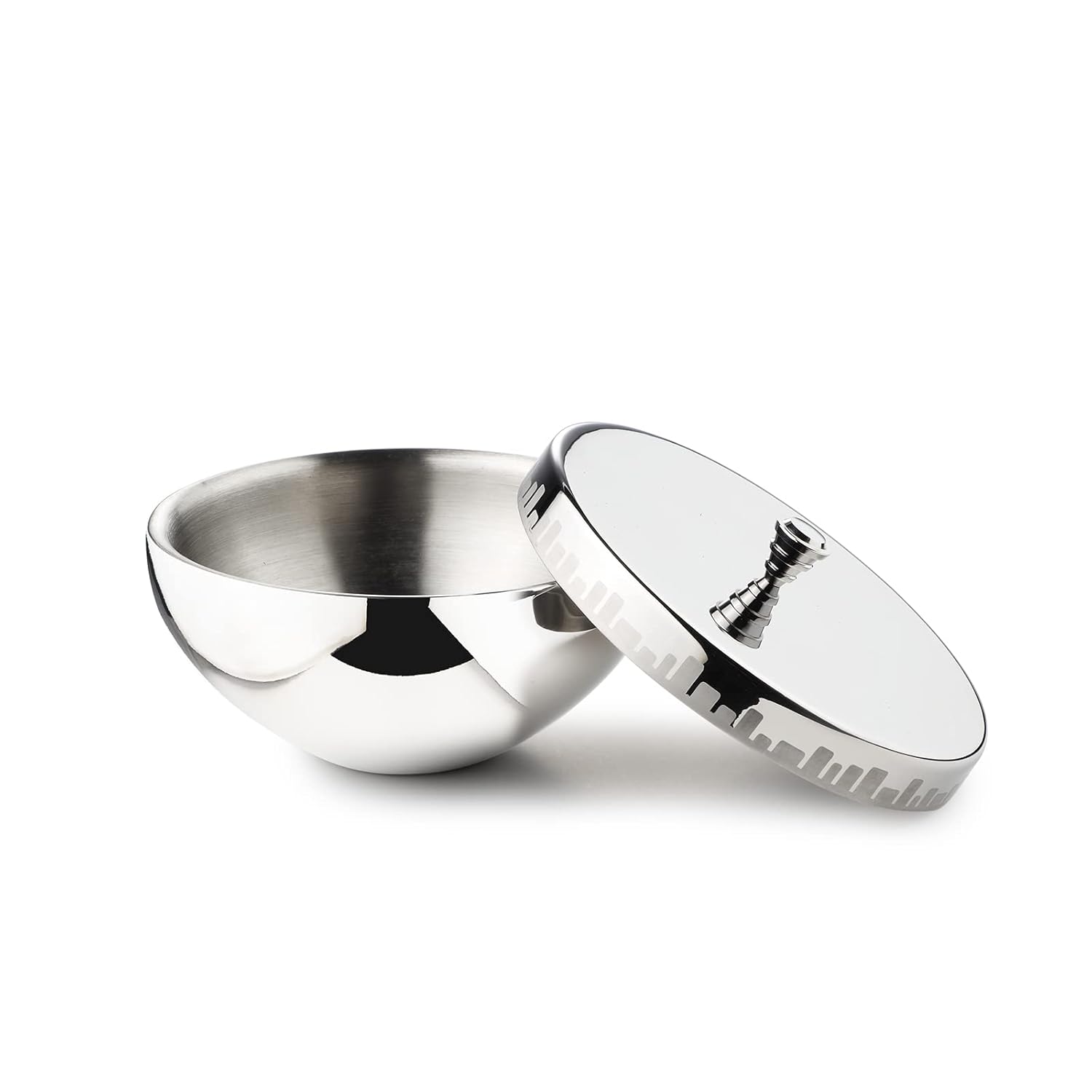 Chrome Stainless Steel Double-Walled Serving Bowl With Lid - Urban Horizon Series | Stainless Steel Donga With Lid | Small Dining Table Bowl | Cityscape Pattern Curry, Rice, Sabzi Serving Bowl
