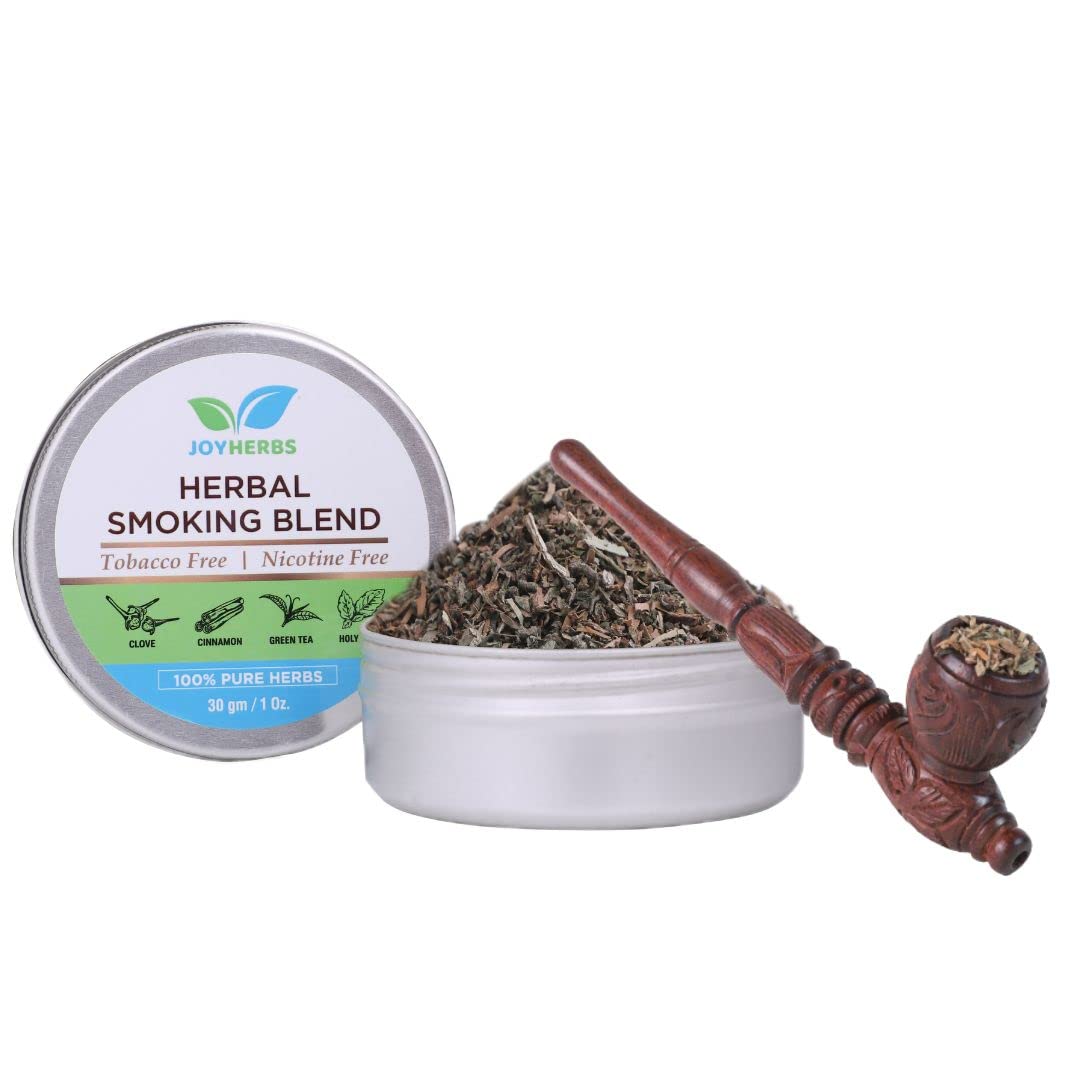 Natural & Ayurvedic Herbal Smoking Blend 1 Pack 1 Oz/ 30g Can With Wooden Antique Pipe | Helps To Quit Smoking - Tobacco-Free & Nicotine-Free Smoking Mixture