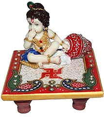 Laddoo Gopal Idol With Chowki, White, Marble, Handmade, All Occasion & Festivals, Ideal For Gifting Purpose | Best Suited For Pooja Ghar Statue