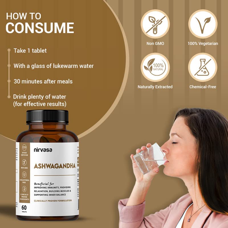 Nirvasa Ashwagandha Tablets For Men & Women 500mg With Natural Ashwagandha Extract For Immunity, General Wellness & Improves Muscles Strength | 60 Tablets 100gm 0.2lbs Each Pack Of 5