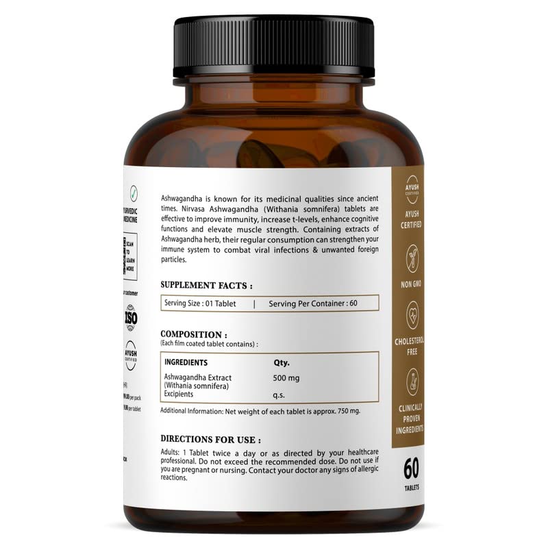 Nirvasa Ashwagandha Tablets For Men & Women 500mg With Natural Ashwagandha Extract For Immunity, General Wellness & Improves Muscles Strength | 60 Tablets 100gm 0.2lbs Each Pack Of 5