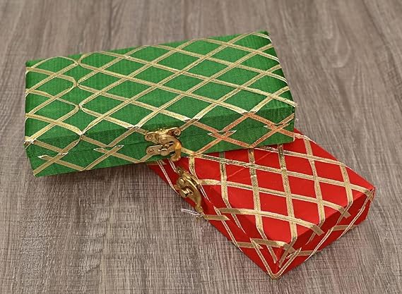 Decorative & Attractive Box Cash Box, Shagun Box, Jewellery Box, Money Box Envelop Wedding, Gift Box, Bangel Box Patola Design, Random Colour - Red, Material - Wooden