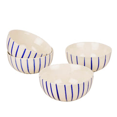 Ceramic Striped Dinner Bowls Set Of 4 - White & Blue, Diameter – 4 Inches, 220ml Each | Ceramic Bowls For Curries Or Lentils - Katoris