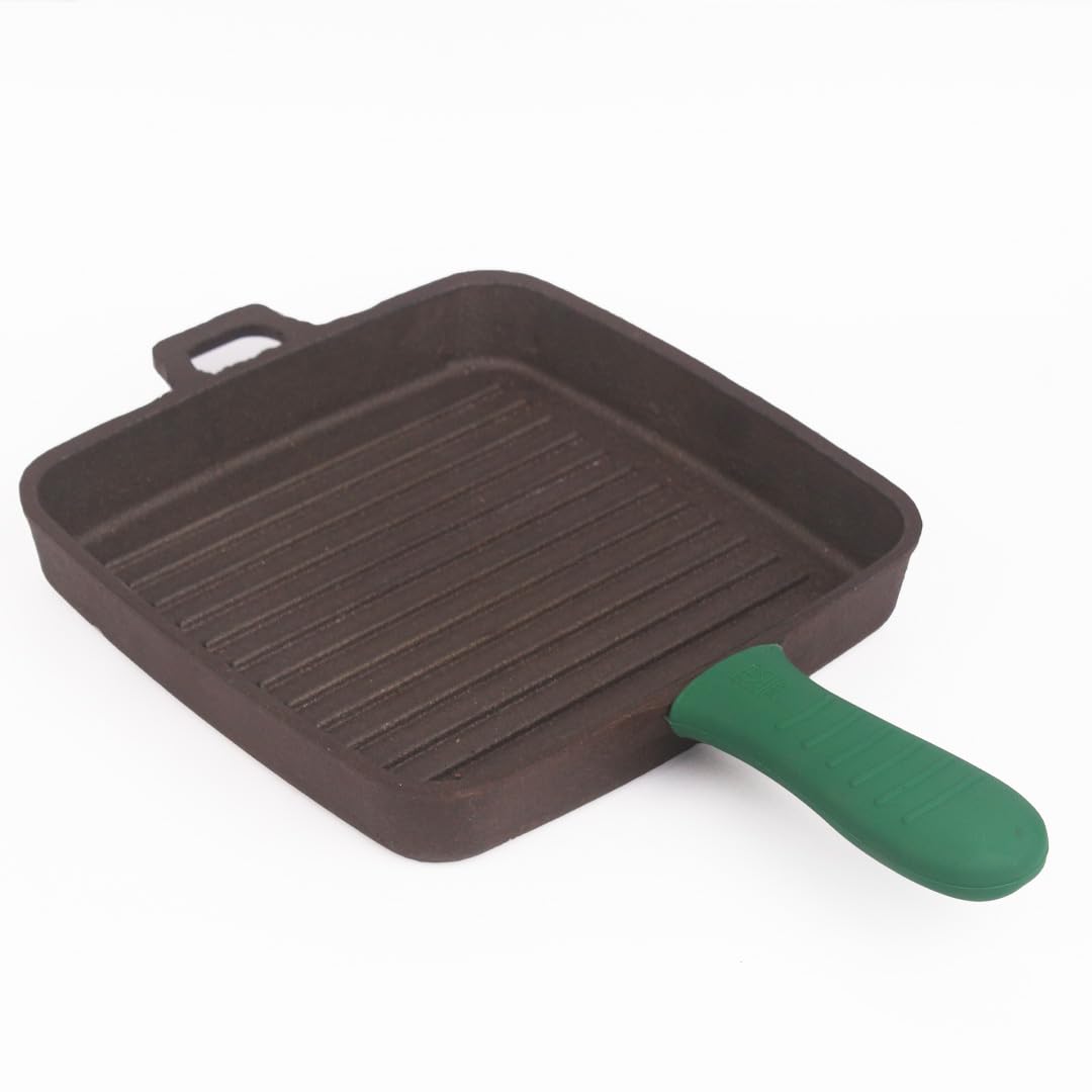 Pre-Seasoned Black Cast Iron Grill Pan With Long Handle & Silicon Grip - Medium, 25 Cm, 9.8 Inch, 1.5 Ltr, 3.4 Kg | Induction Friendly, 100% Pure & Toxin-Free, No Chemical Coating