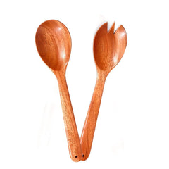 Brown Neem Wood Salad Serving Spoon & Fork Set For Cooking, Sauteing, Stirring, Mixing, Serving Salads - Set Of 1 Spoon & 1 Fork