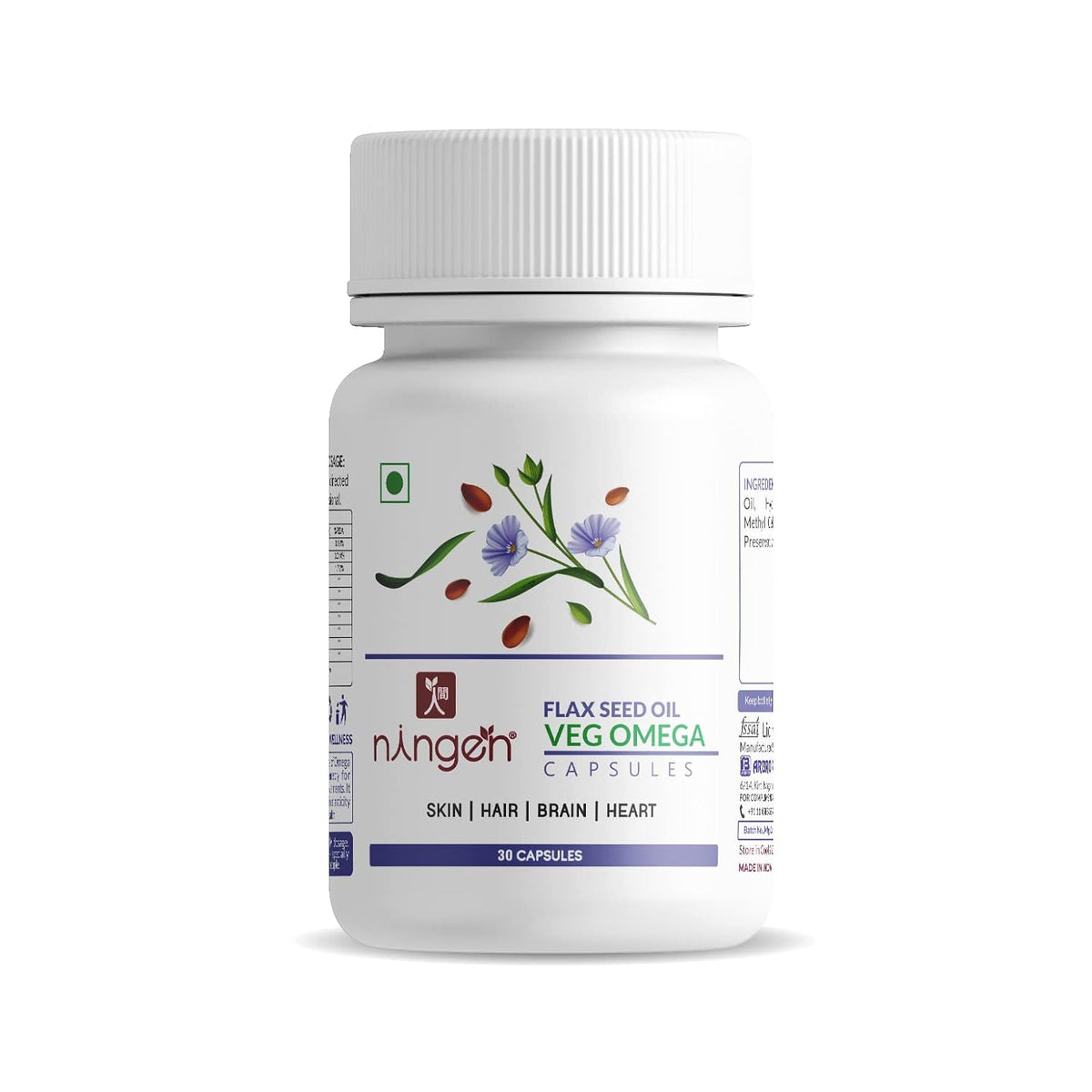 Ningen Flax Seed Oil Capsules, 500mg, Hypromellose Oral Capsules, White 100% Vegetarian Source Of Omega Supports Digestion, Skin & Hair, Cardiovascular Health | 30 Capsules 50gm 0.1lbs