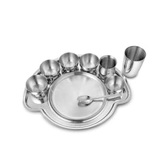 Stainless Steel Solid Small Nifty Thali Set Of 10 Pieces, Silver | 1 Full Plate+ 1 Quarter Plate+ 4 Bowls+ 1 Chutney Bowl+ 1 Glass+ 1 Dabra+ 1 Dessert Spoon