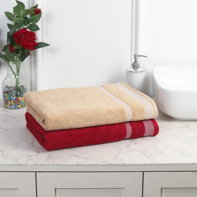 Mafatlal Premium Cotton Bath Towel 1100 Gsm | Quick Dry, Durable Long Size Towel- Pack Of 2 (Cream & Red)