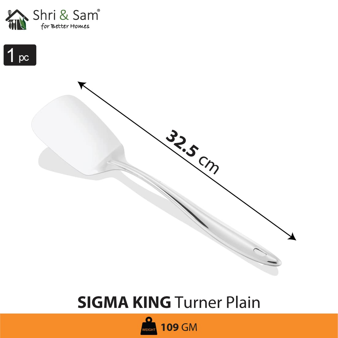 Silver Stainless Steel Sigma King Large Plain Turner, 32.5 Cm | Easy To Clean & Dishwasher Safe