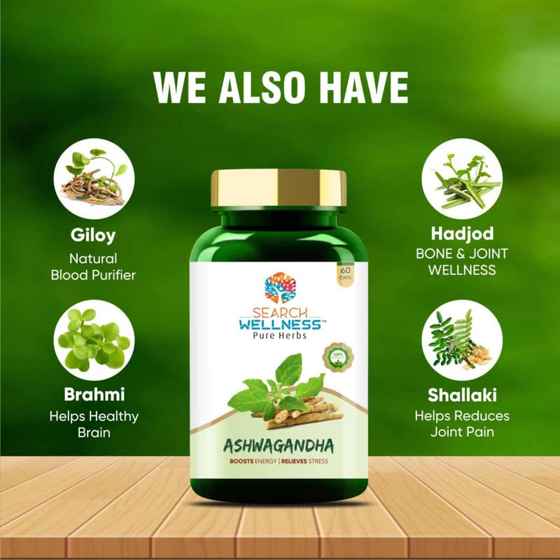 Search Wellness Ashwagandha For Stress Relief Anti - Inflammation Ayurvedic Medicines Enhances Energy Levels, Immunity Booster For Adults | 60 Capsules 100gm 0.2lbs