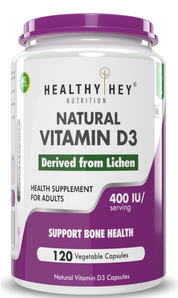 Healthyhey Vegan Vitamin D3 Natural Plant Based Non Gmo - Gluten Free - 400 Iu | 120 Veg Capsules , 200gm 0.4lbs