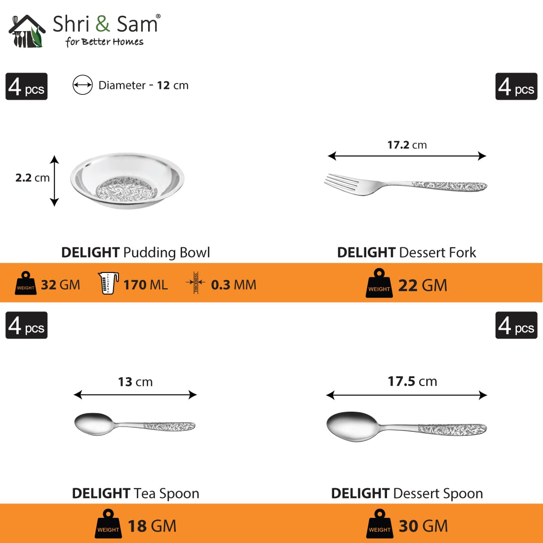 Designer Stainless Steel Delight Laser Bloom Leaf Dinner Set Of 32 Pieces | 4 Dinner Plates+ 4 Glasses+ 4 Bowls+ 4 Chutney Bowls+ 4 Pudding Bowls+ 4 Dessert Spoons+ 4 Dessert Fork+ 4 Tea Spoons