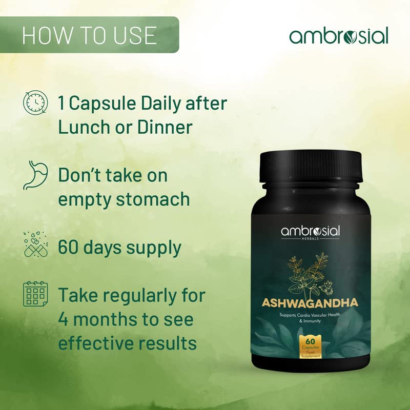 Ambrosial Ashwagandha 500mg Herbal Supplement 100% Natural & Vegan High Strength, Immunity Support, Improves Blood Flow & Reduces Cortisol Levels | 60 Capsules 100gm 0.2lbs
