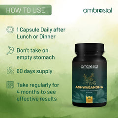 Ambrosial Ashwagandha 500mg Herbal Supplement 100% Natural & Vegan High Strength, Immunity Support, Improves Blood Flow & Reduces Cortisol Levels | 60 Capsules 100gm 0.2lbs