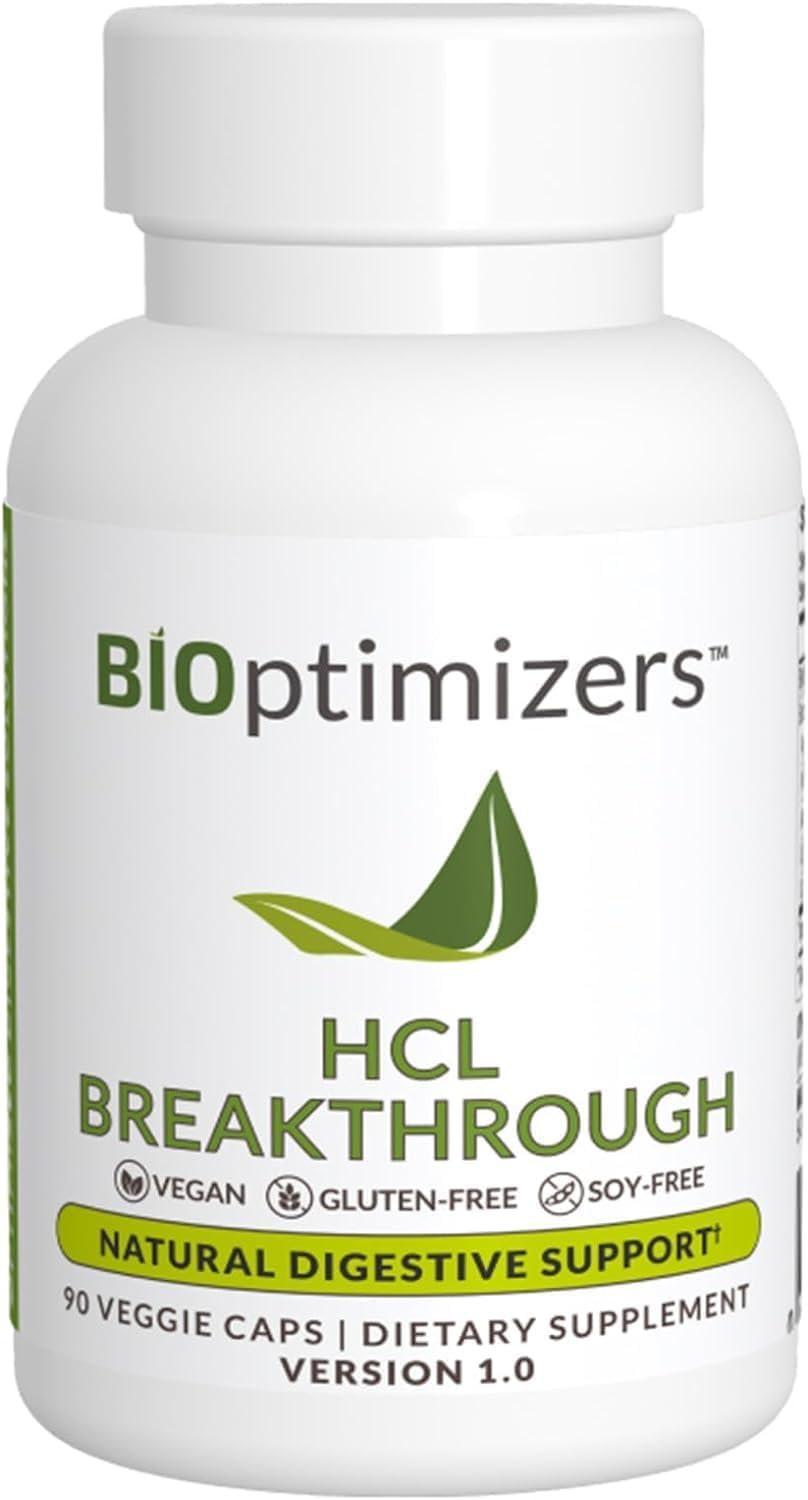 Bioptimizers Hcl Breakthrough - Betaine Hydrochloride Enzymes Supplement - Assists With Protein Breakdown & Absorption - Helps Gas And Heartburn Relief | 90 Veg Capsules, 150gm 0.3lbs
