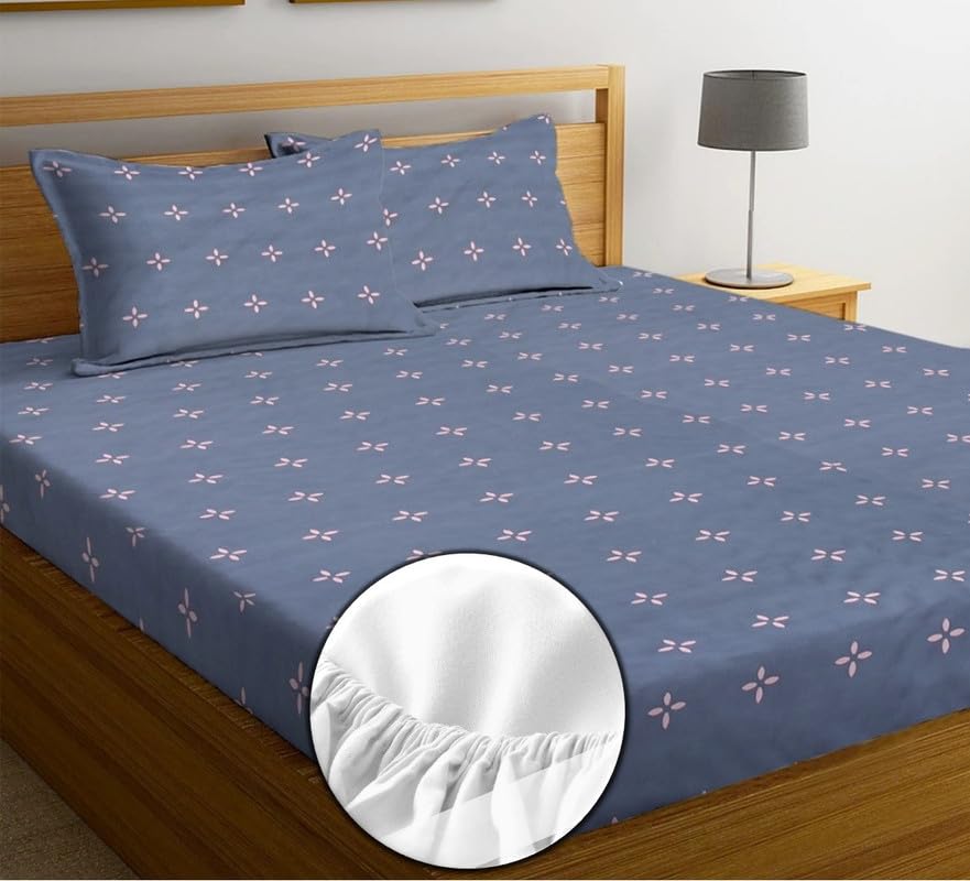Pure Cotton Full Elastic Fitted Bedsheets For Double King Size Bed With 2 Pillow Covers | 72x78+10 Inches, Grey & Pink | Super Soft Brushed Glace | Breathable & Wrinkle Free