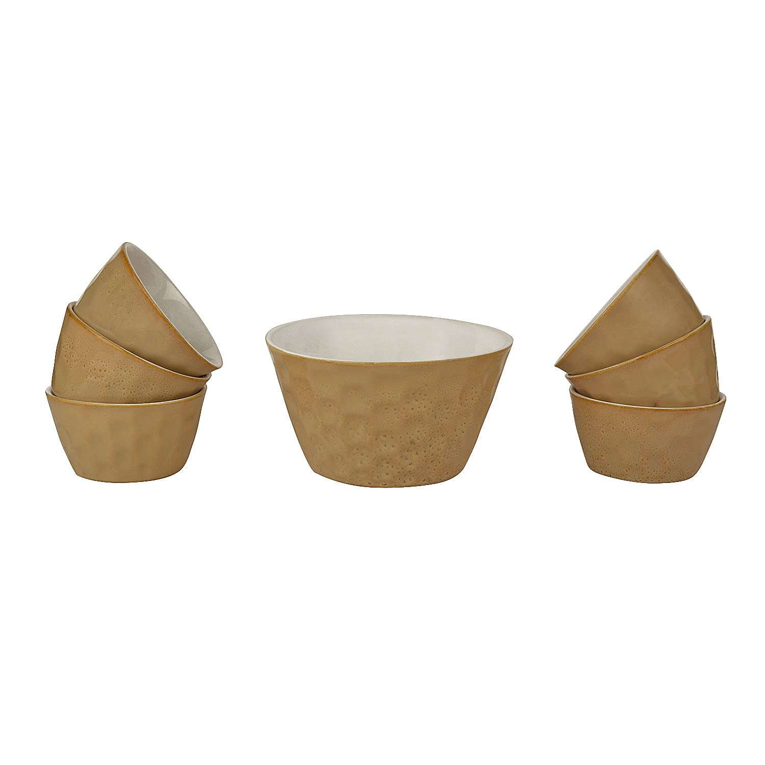 Handcrafted Ceramic Pudding Serving Set Of 7 - Beige, Big Bowl 700ml & Small Bowls 150ml Each | Dessert Bowl Set - Dinner Serving Bowl Set | Snack Serving Set