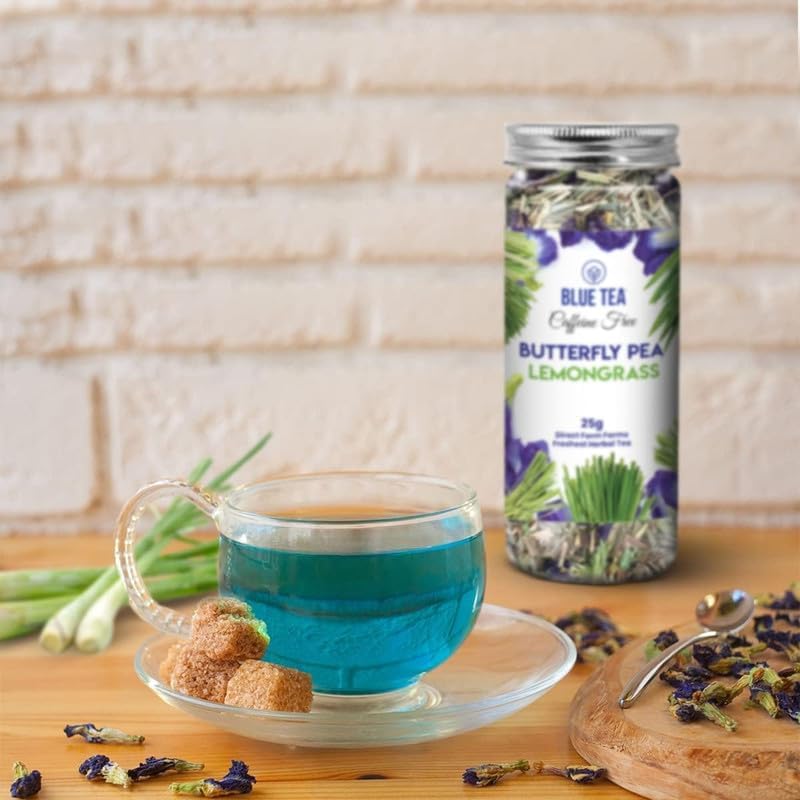 Blue Tea Butterfly Pea Lemongrass Herbal Tea - 25gm Reusable Pet Jar, 0.8 Ounce, 25 Cups | Flower Based Caffeine Free, Non GMO - Good For Hair & Skin