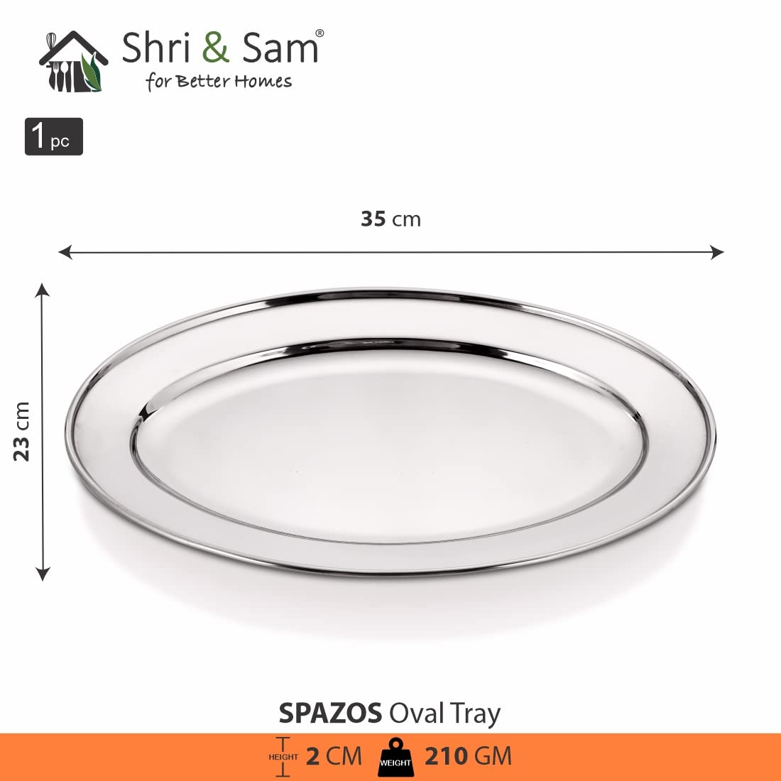 High Grade Stainless Steel Spazos Oval Tray, Silver | Big Enough To Serve 7-8 Cups At A Time, 35 Cm - Durable, Rust Free & Dishwasher Friendly