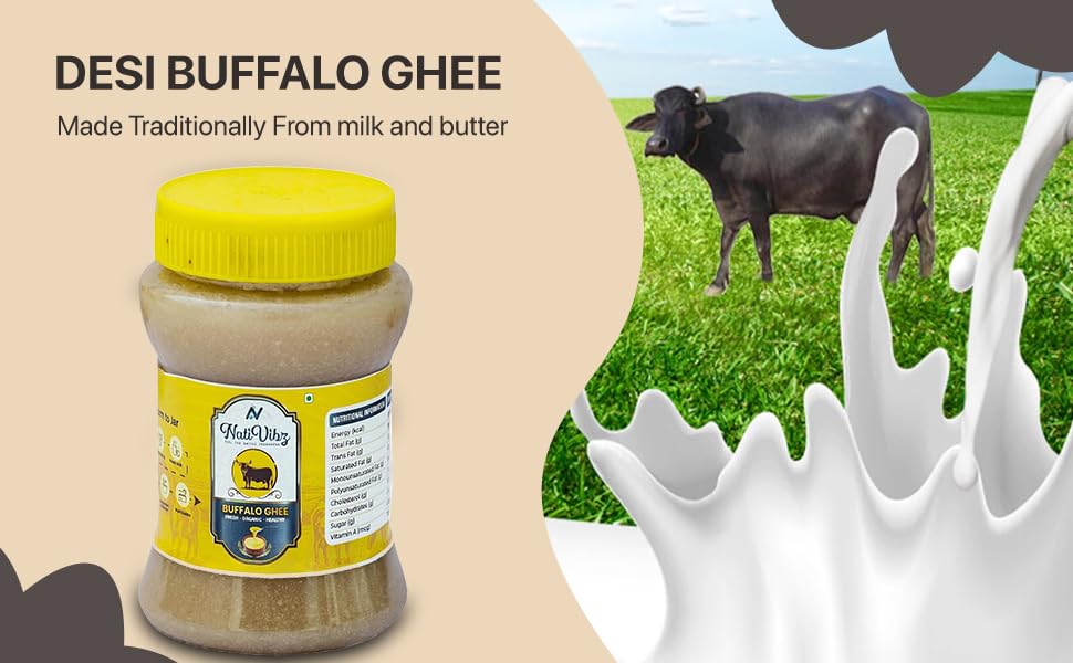 Premium Desi Buffalo Ghee By NatiVibz | Rich In Nutrients & Traditional Indian Flavor Fresh Desi Ghee Perfect For Overall Health | (500ml) 16.9 Ounce | Jar Pack