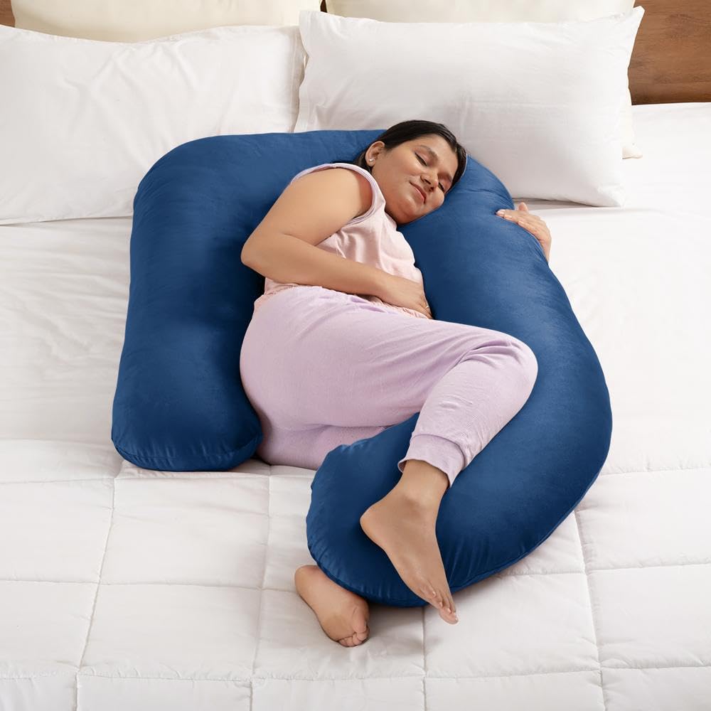 Pregnancy Pillow, J Shaped Pillow, Maternity Pillow For Sleeping - Dark Blue | Pillow For Pregnant Women, Velvet Cover | Full Body Support For Better Sleep, Pillow For Back Support