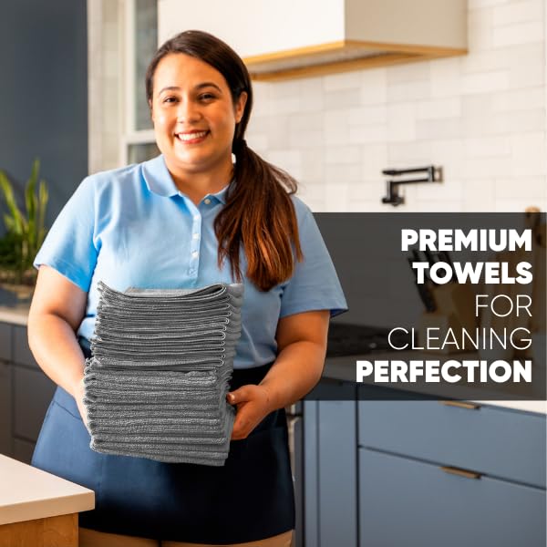 Microfiber Wholesale Buff Pro Multi-Surface Microfiber Cleaning Cloths 400 Gsm | Premium Microfiber Towels For Cleaning, Kitchens & Bathrooms (Gray) - Pack Of 12