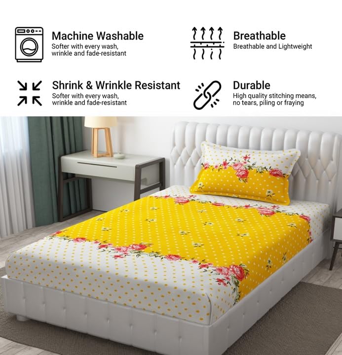 Microfiber Single Bedsheet Set With 1 Pillow Covers (60 X 90 Inches) Yellow & White | Durable & Long-Lasting | 144 Thread Count | Wrinkle Free