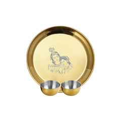 Stainless Steel Radha Krishna Pooja Thali Set Of 3, Gold PVD Coating | 1 Pooja Thali+ 2 Katoris - Easy To Clean & Dishwasher Safe