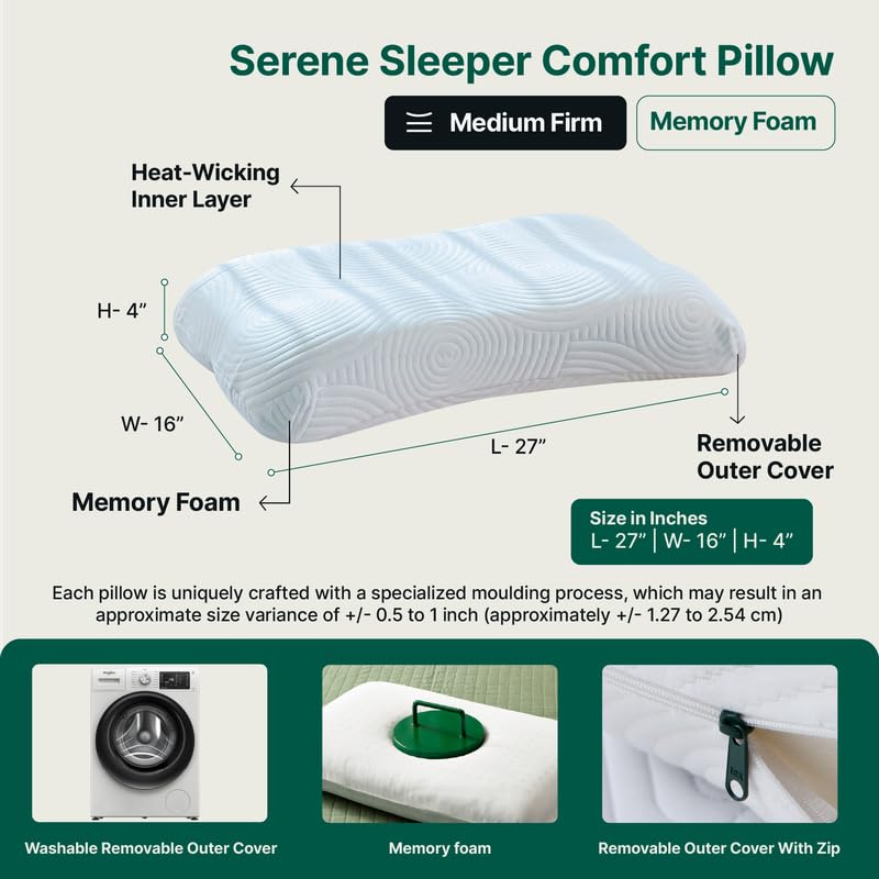 Cervical Orthopedic Memory Foam Pillow, Wave Designed, Bed Pillow For Sleeping - Big Size - 26.5 L X 15.5 W X 4.5 H Inch | Neck Support, Back Pain Relief, For All Sleeping Positions