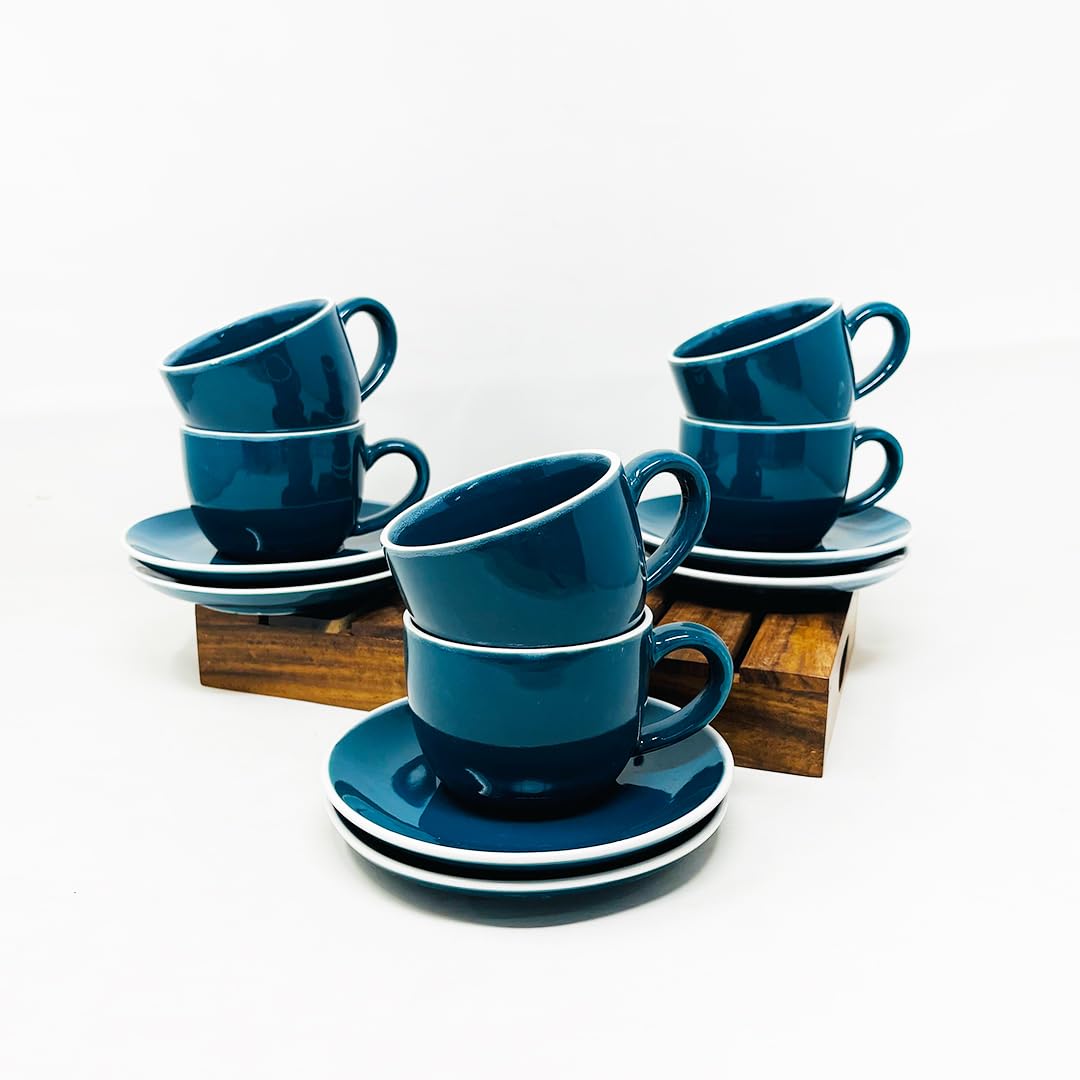 Retro Green Ceramic Cups & Saucers Set Of 6 | Tea Cup Set Of 6 Cups + 6 Saucers For Tea, Coffee, Hot Drinks - 12 Pieces, 150ml, Microwave Safe