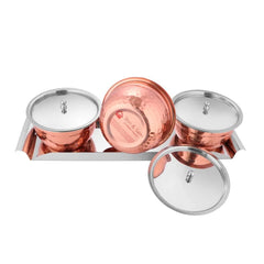 High Grade Stainless Steel Miska Copper Hammered Serving Bowl Set With Stainless Steel Lid & Tray - 4 Pieces | 3 Serving Bowl, 650ml Each + 1 Tray