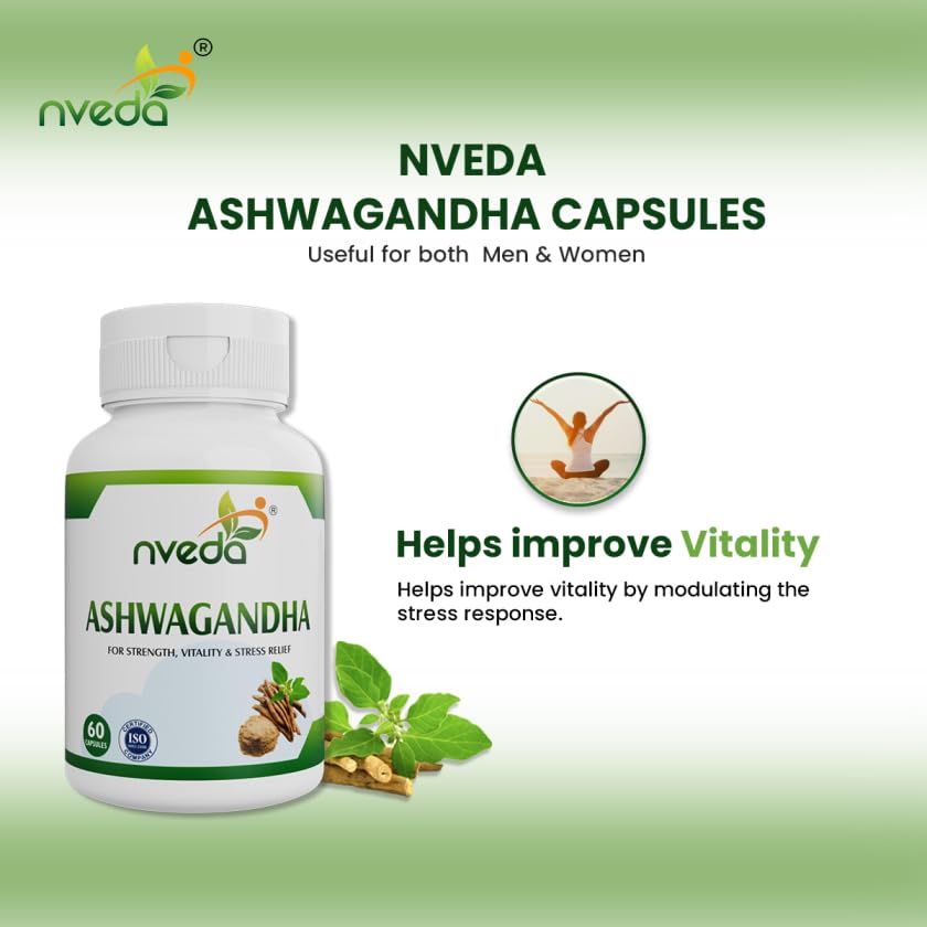 Nveda Ashwagandha Tablet, Anxiety & Stress, Ashwagandha For Men & Women, Boosts Vitality, Improves Strength & Energy, Anxiety & Stress Free | 60 Capsules 100gm 0.2lbs