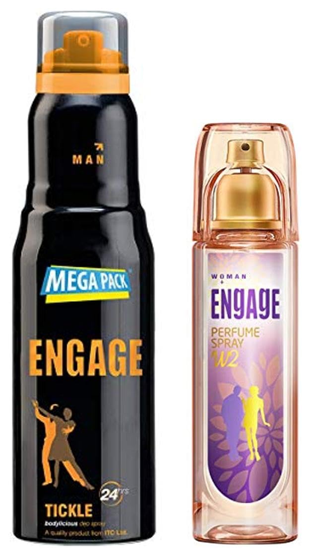 Engage Tickle Deodorant For Men Citrus & Spicy , 220ml 7.4 Fl.oz. & W2 Perfume Spray For Women , Floral & Fruity Skin Friendly 120ml 4 Fl.oz.