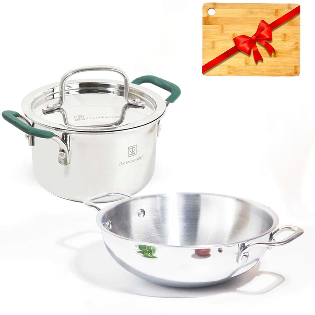 Triply Stainless Steel Cookware Combo With Free Chopping Board - Kadai 23.4cm, 2.7 Liters + Stock Pot 21.6 Cm, 2.9 Liters | Gas & Induction Friendly, 3-Layer Body, 100% Toxin-Free