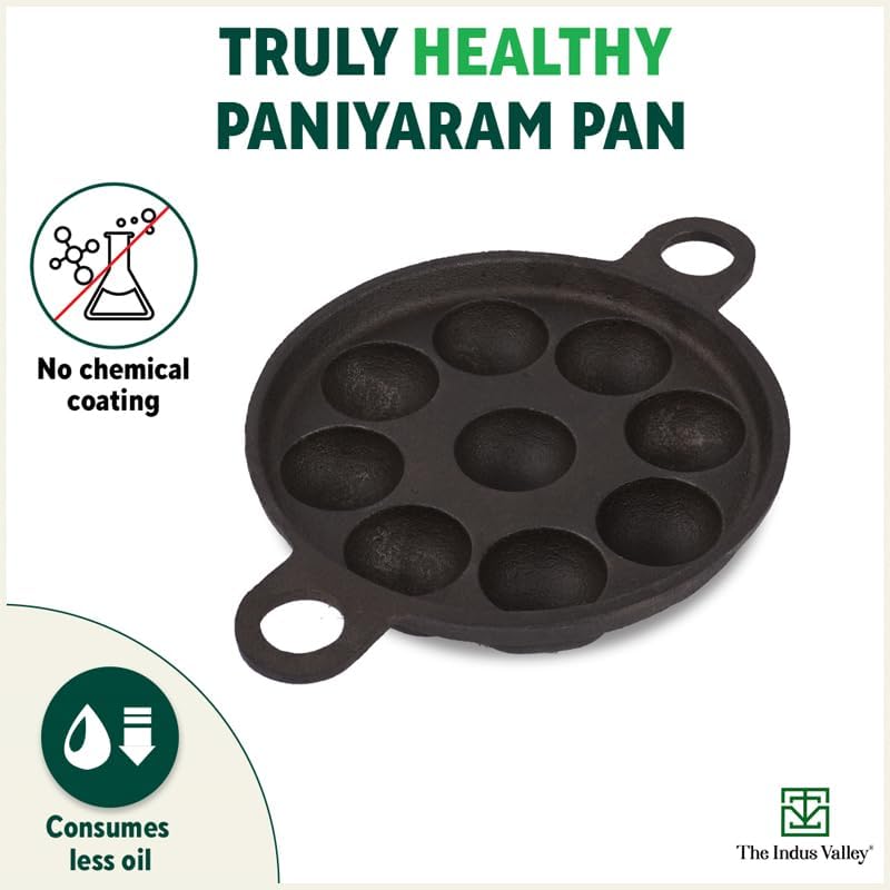 Super Smooth Black Cast Iron Paniyaram Pan With Free Wooden Picker - 9 Pit, 8.2 Inch, 20.8 Cm, 2.7 Kg | Induction Friendly, Pre-Seasoned Paddu Pan, 100% Pure & Toxin-Free, No Chemical Coating